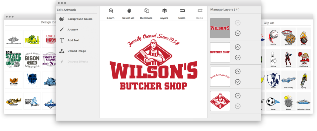 A preview of Press & Release's design studio. Many different art templates displayed. The selected design template is a logo for a butcher shop. The preview demonstrates the ability to customize the text, graphics, and colors of the artwork.