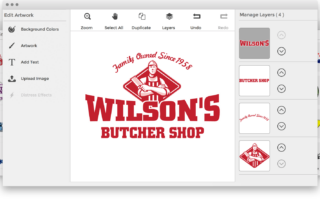 A preview of Press & Release's design studio. Many different art templates displayed. The selected design template is a logo for a butcher shop. The preview demonstrates the ability to customize the text, graphics, and colors of the artwork.