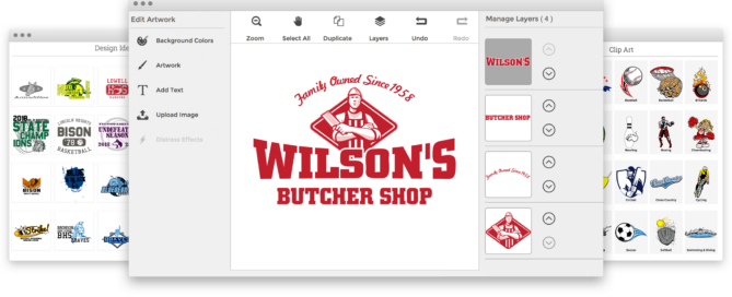 A preview of Press & Release's design studio. Many different art templates displayed. The selected design template is a logo for a butcher shop. The preview demonstrates the ability to customize the text, graphics, and colors of the artwork.