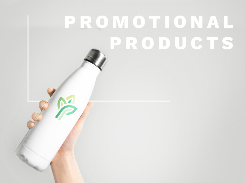 Text: Promotional Products; Image: A hand holds up a white reusable water bottle with a printed logo.