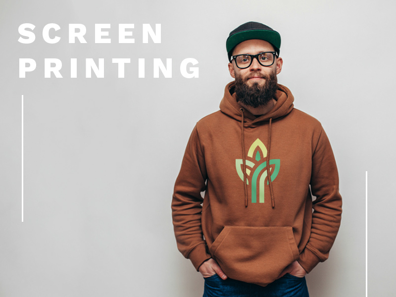 Text: Screen Printing; Image: Man wearing a rust-colored hoodie with a screen printed logo.